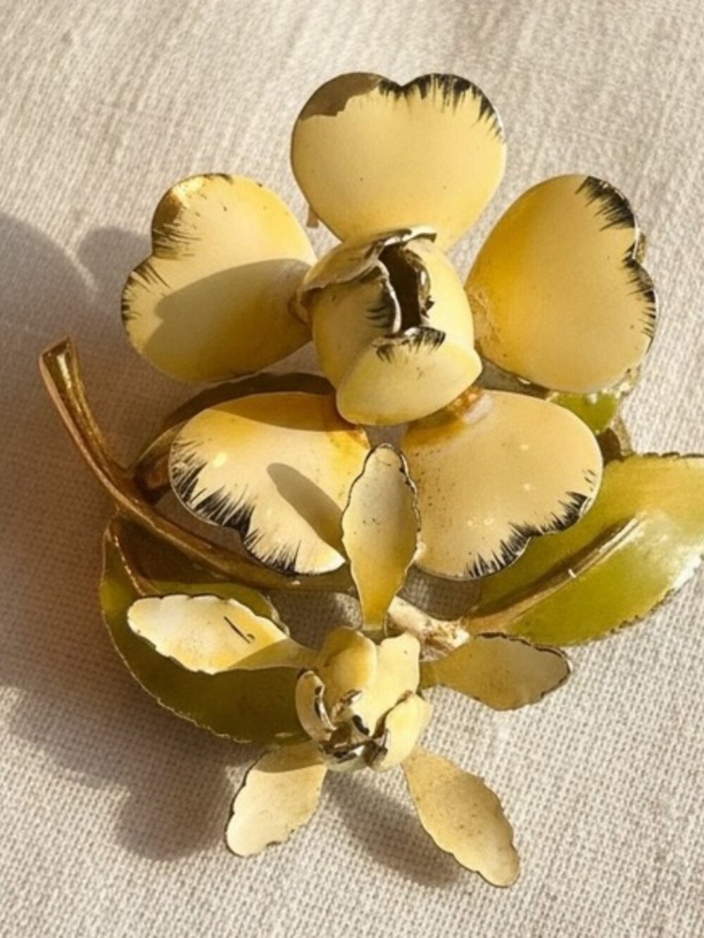 Vintage Yellow Enamel Flower Brooch Green Leaves Mid Century Floral Pin